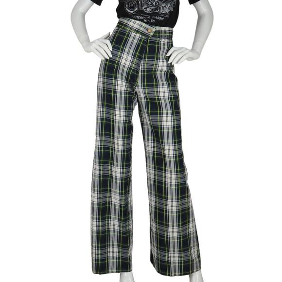 Vintage Pants - Vintage Bell Bottom Flare Rock Grunge Punk High Waisted Disco Green Plaid Pants